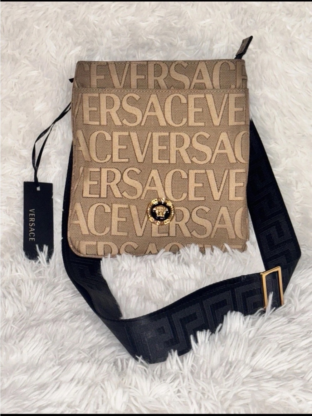 Versace 1020745 La Medusa Canvas Fabric Logo Crossbody All over Bag $1000